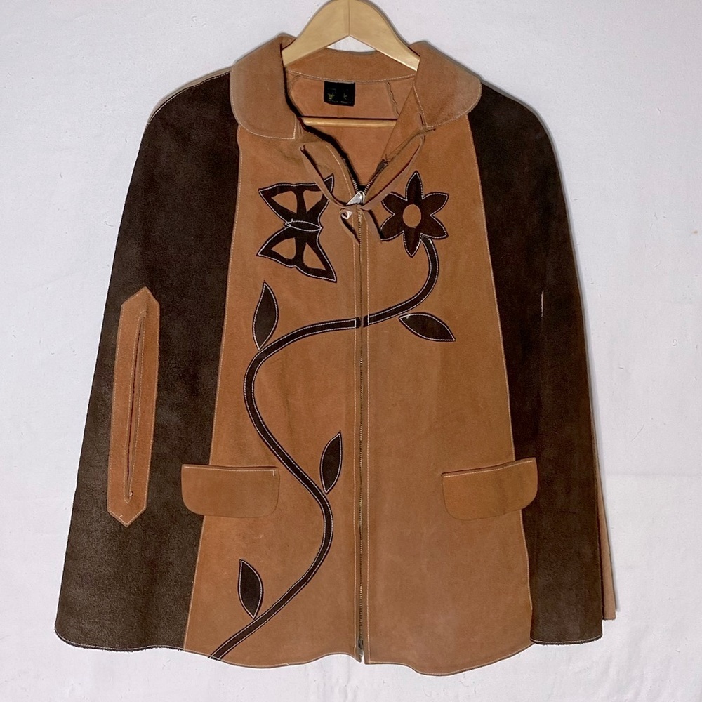 Vintage Two Tone Tan Brown Suede Leather Cape M Boho Western - Picture 1 of 16